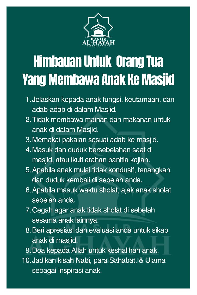 Agar Masjid Tetap Nyaman, Masjid Al-Hayah Keluarkan Panduan bagi Orang Tua dan Anak
