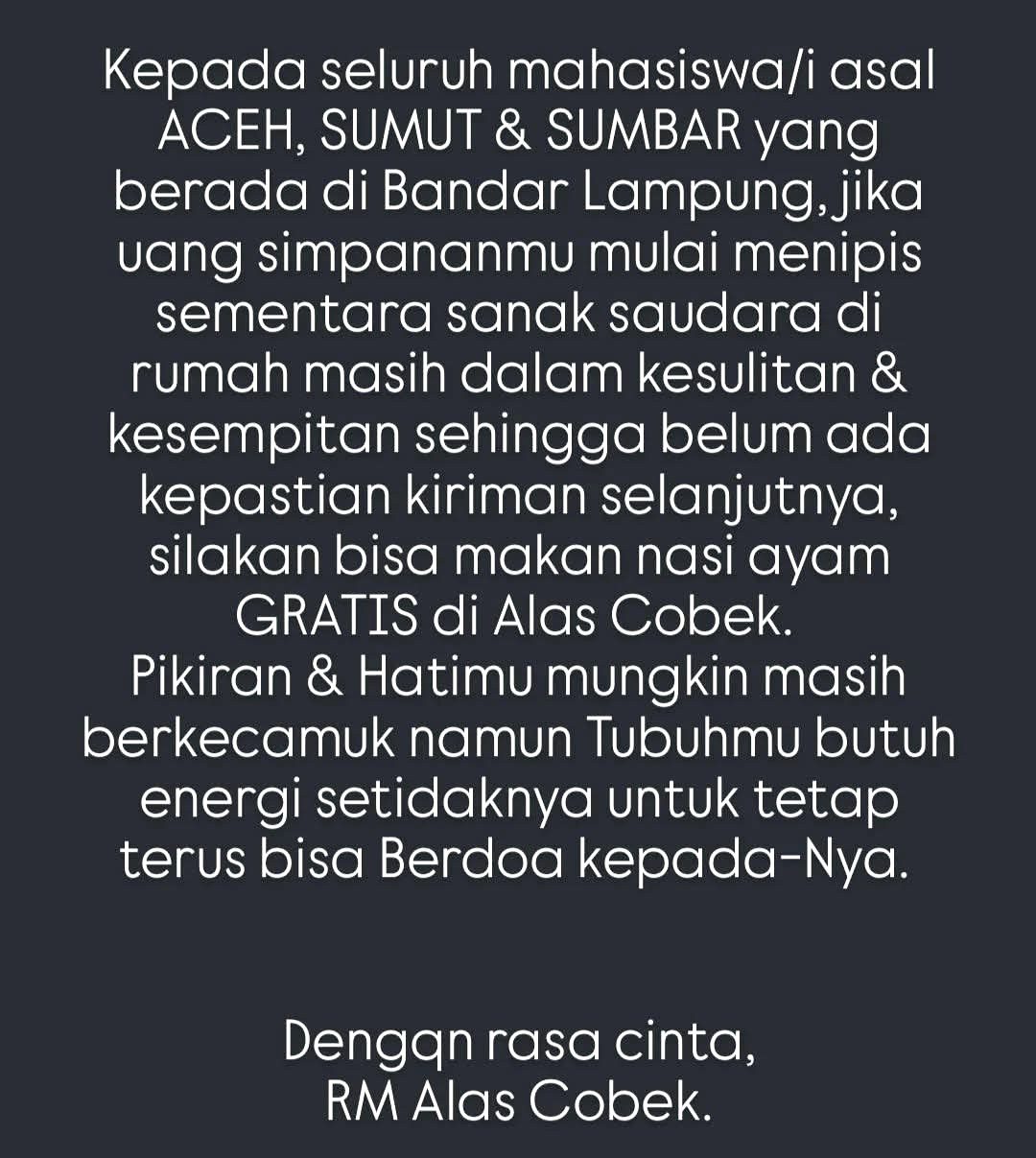 Aksi Peduli: RM Alas Cobek Beri Nasi Ayam Gratis bagi Mahasiswa Perantau Terdampak Bencana