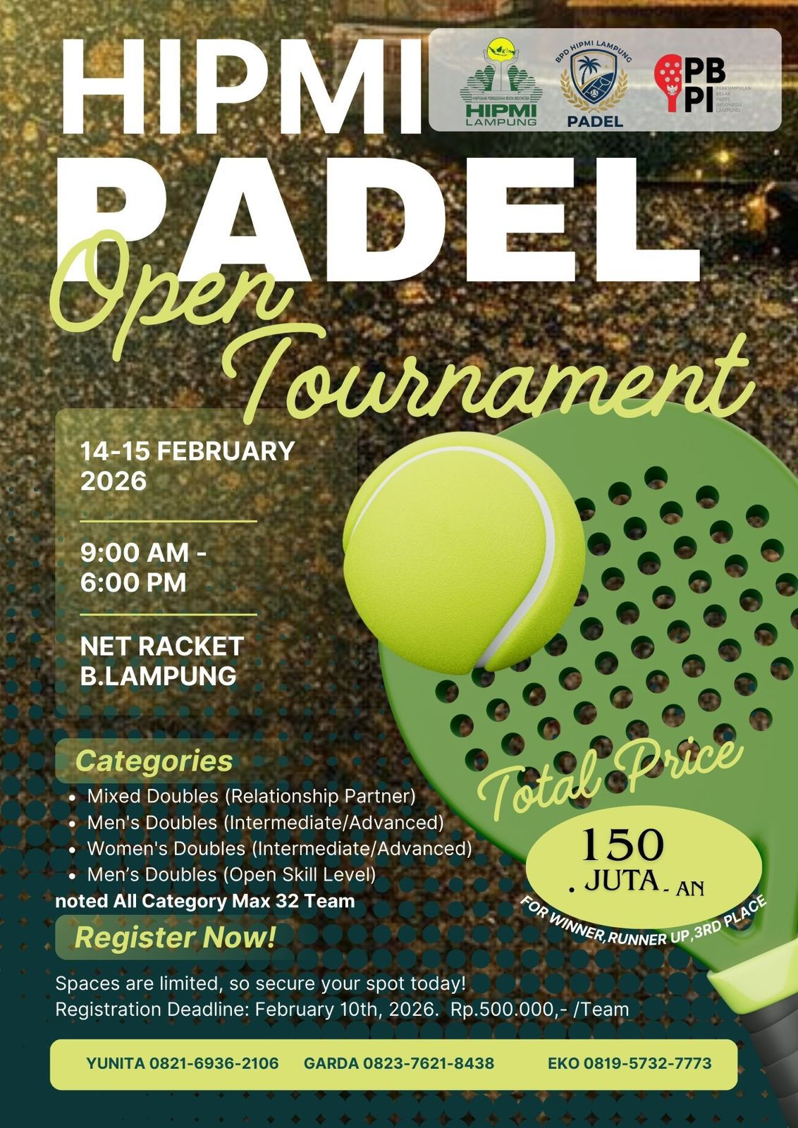 HIPMI Lampung Gelar HIPMI Padel Open Tournament 2026, Total Hadiah Rp150 Juta