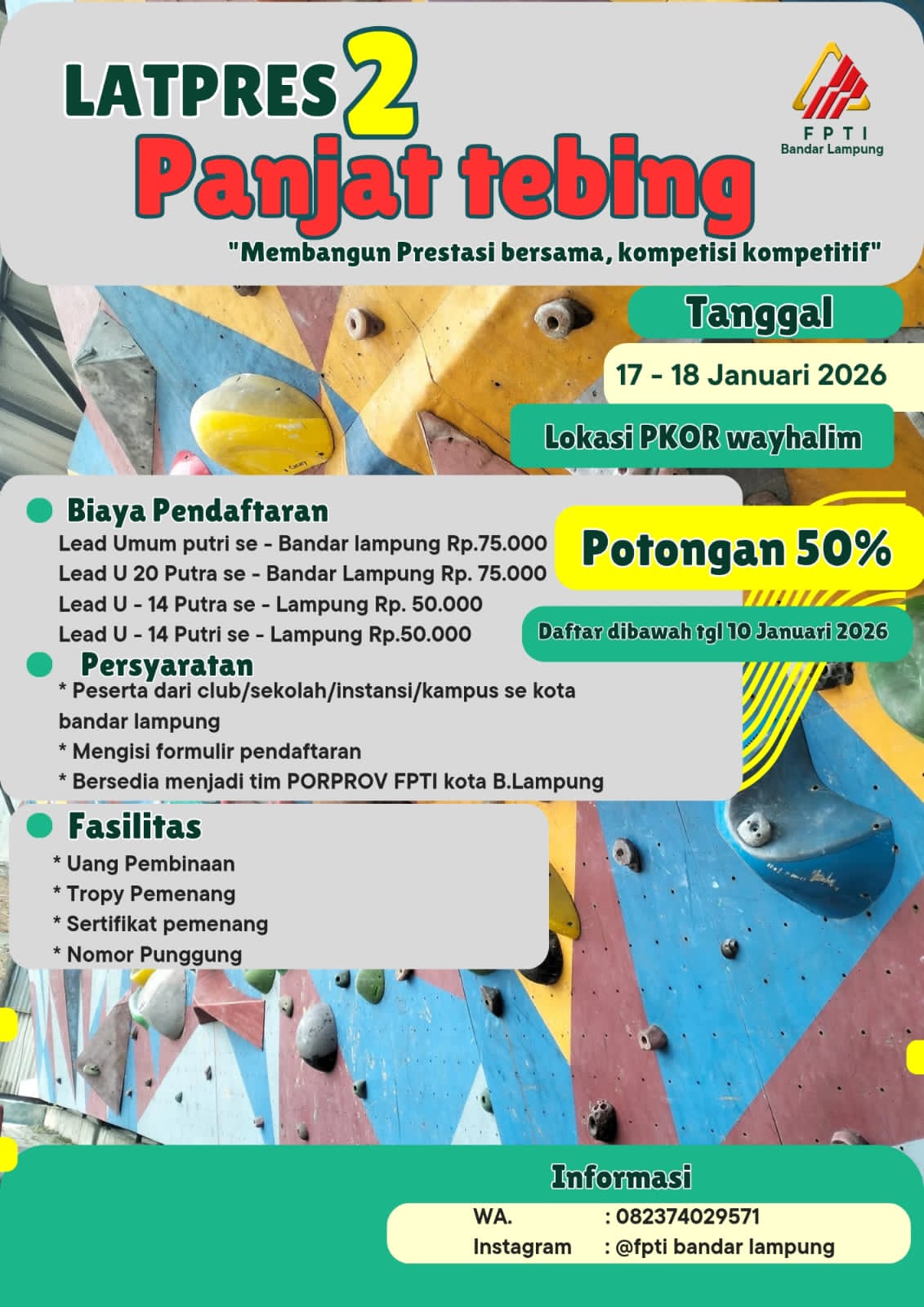 FPTI Bandar Lampung Gelar Latpres 2 Panjat Tebing, Siapkan Atlet Menuju Porprov 2026