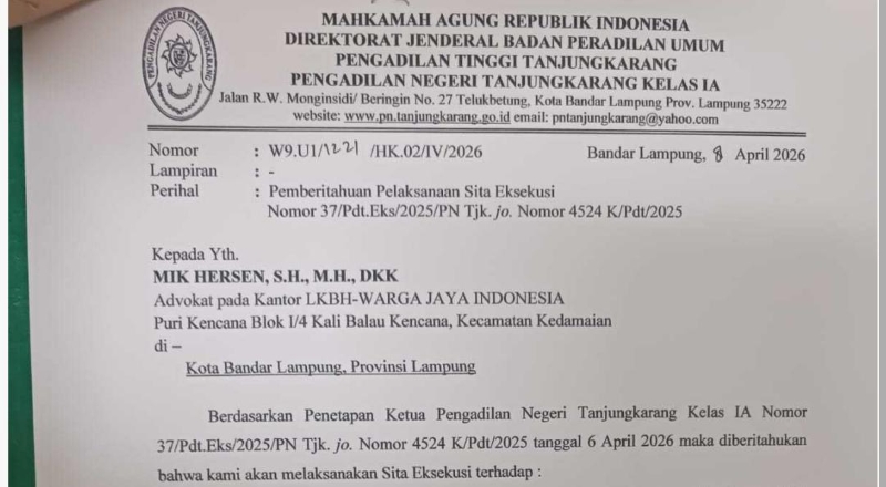 PN Tanjung Karang Akan Eksekusi Sita Tanah dan Bangunan Darussalam Cs, Tindak Lanjut Putusan MA
