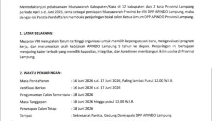 Seleksi Ketat Calon Ketua APINDO Lampung Dimulai, Ini Syarat dan Tahapannya